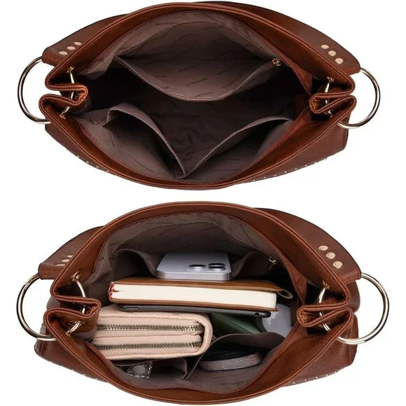 Women's Cow Brown Hobo Bag For Ladies Shoulder With Zipper With Back Pocket - Picture 6 of 7